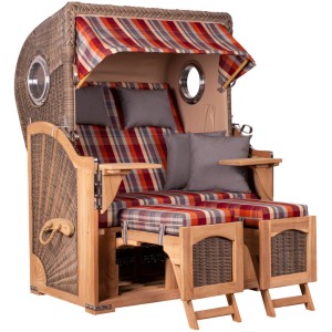 Strandkorb Rantum Teak PE Grey Dessin 584 mit grau-roten Polstern und Bullaugen.