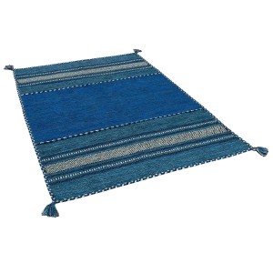 Blauer Pergamon Natur Teppich Kelim Navarro, 70x140cm, mit Fransen und Streifenmuster.