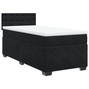 Schwarzes vidaXL Boxspringbett mit Samtbezug, Matratze und Kopfteil mit Knopfheftung.