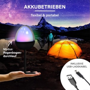 MegaLight Ovo Pure LED-Akku-Tischleuchte RGBW, dimmbar, portabel, in Outdoor-Camping-Szene.