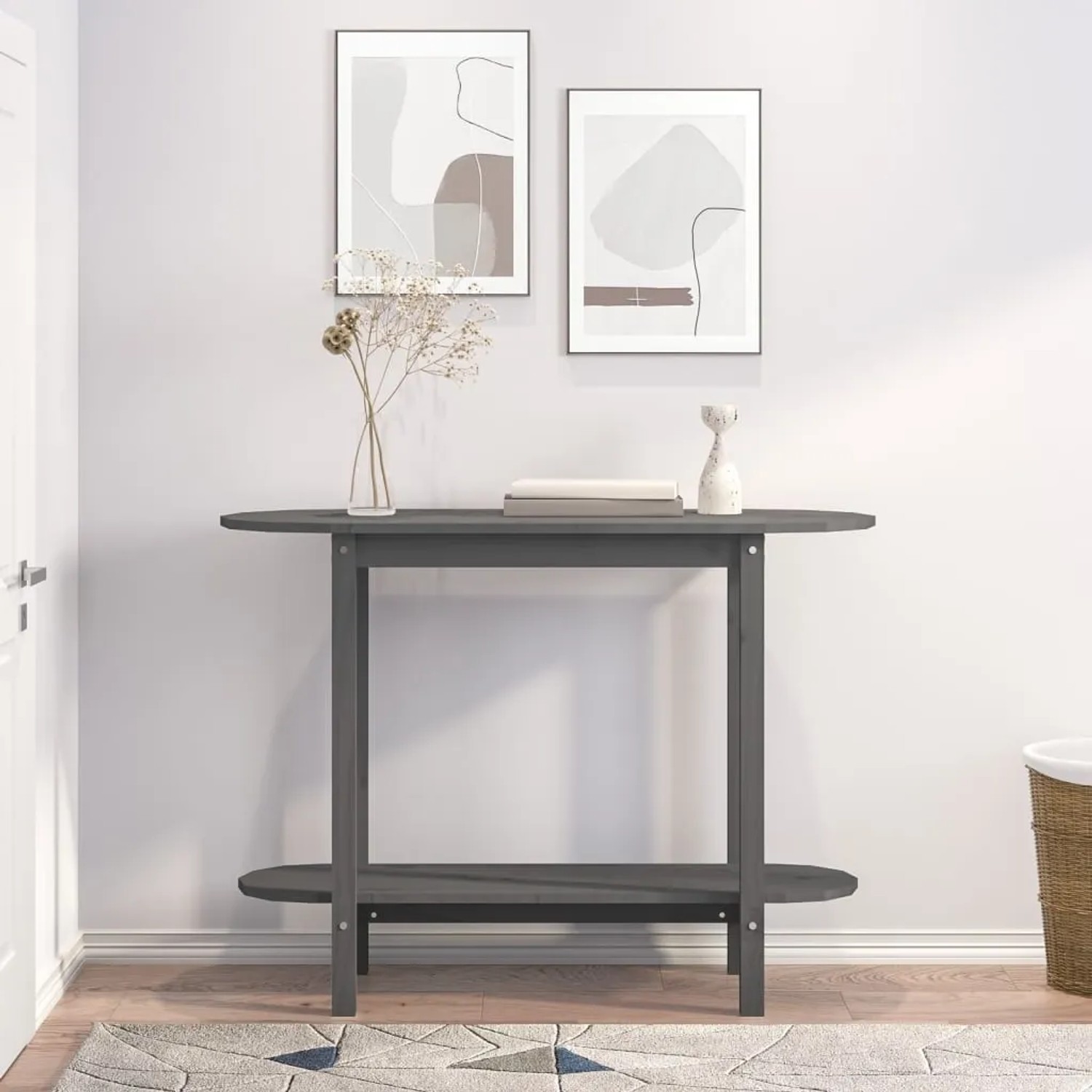 Grauer Konsolentisch aus Kiefernholz (110x40x80 cm) mit Ablage für Flur oder Wohnzimmer.
