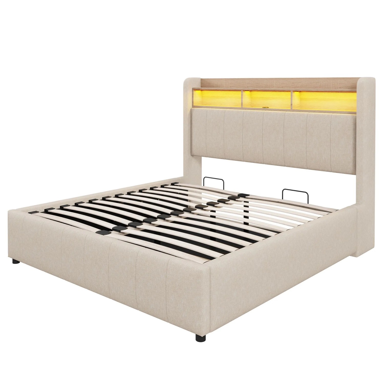 okwish Polsterbett 160x200cm mit LED Beleuchtung und Stauraum Doppelbett Beige ohne Matratze
