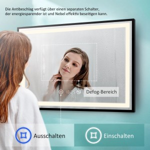 Emke Badspiegel 120x70 mit LED-Beleuchtung, schwarzem Rahmen, Touch, Antibeschlag, Uhr und Temperaturanzeige.