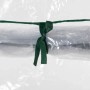 Detailaufnahme: Befestigung des transparenten Furnicato Gewächshauses mit grünem Band.