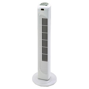 Weißer CMI Turmventilator, 80 cm hoch, mit Bedienfeld oben und rundem Fuß.