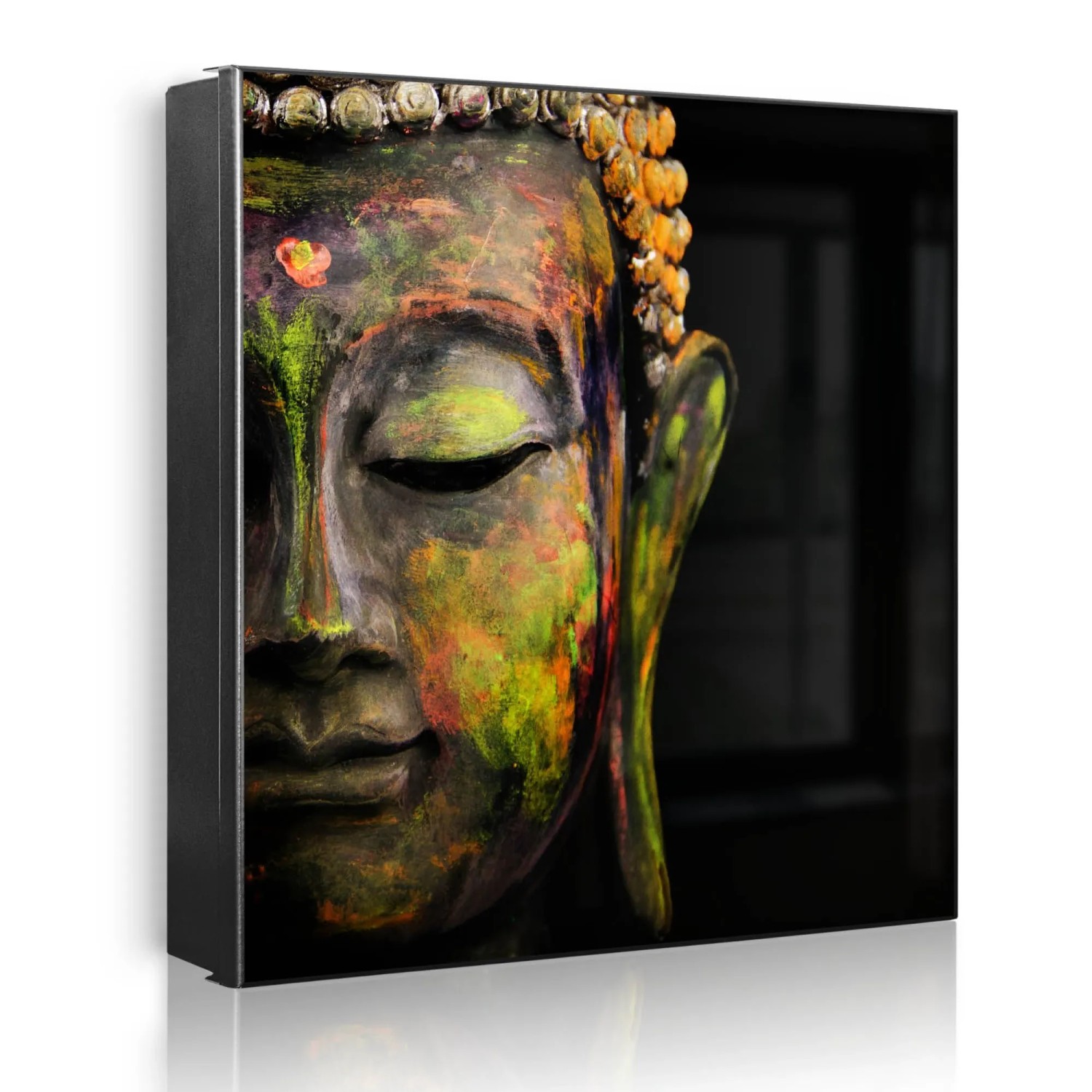 Banjado Großer Schlüsselkasten Metall 30x30cm Schwarz Scharnier Links 50 Haken Beschreibbar Magnetisch Motiv Bunter Buddha