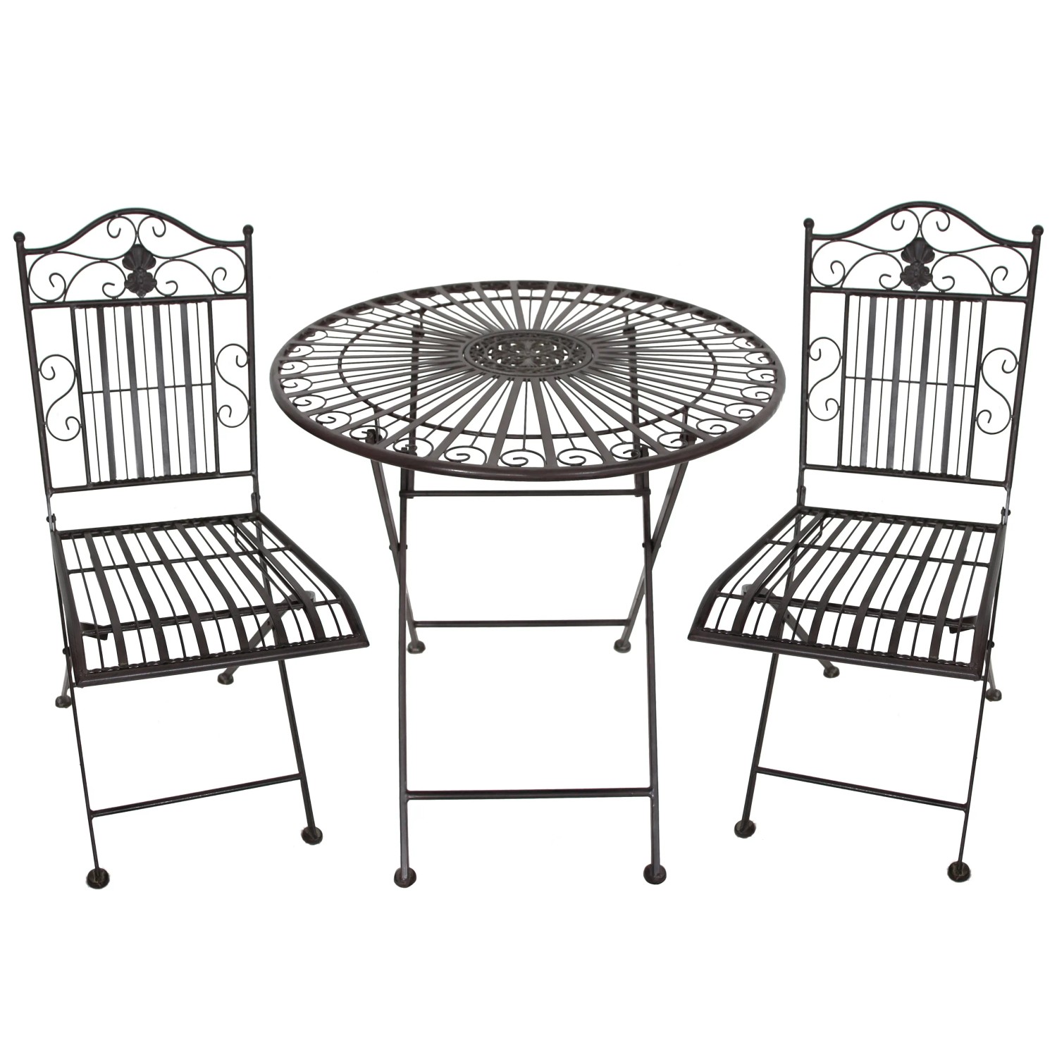 Garden Pleasure Balkon-Set Mangan, schwarz-braun, mit Tisch und zwei Stühlen aus Metall.