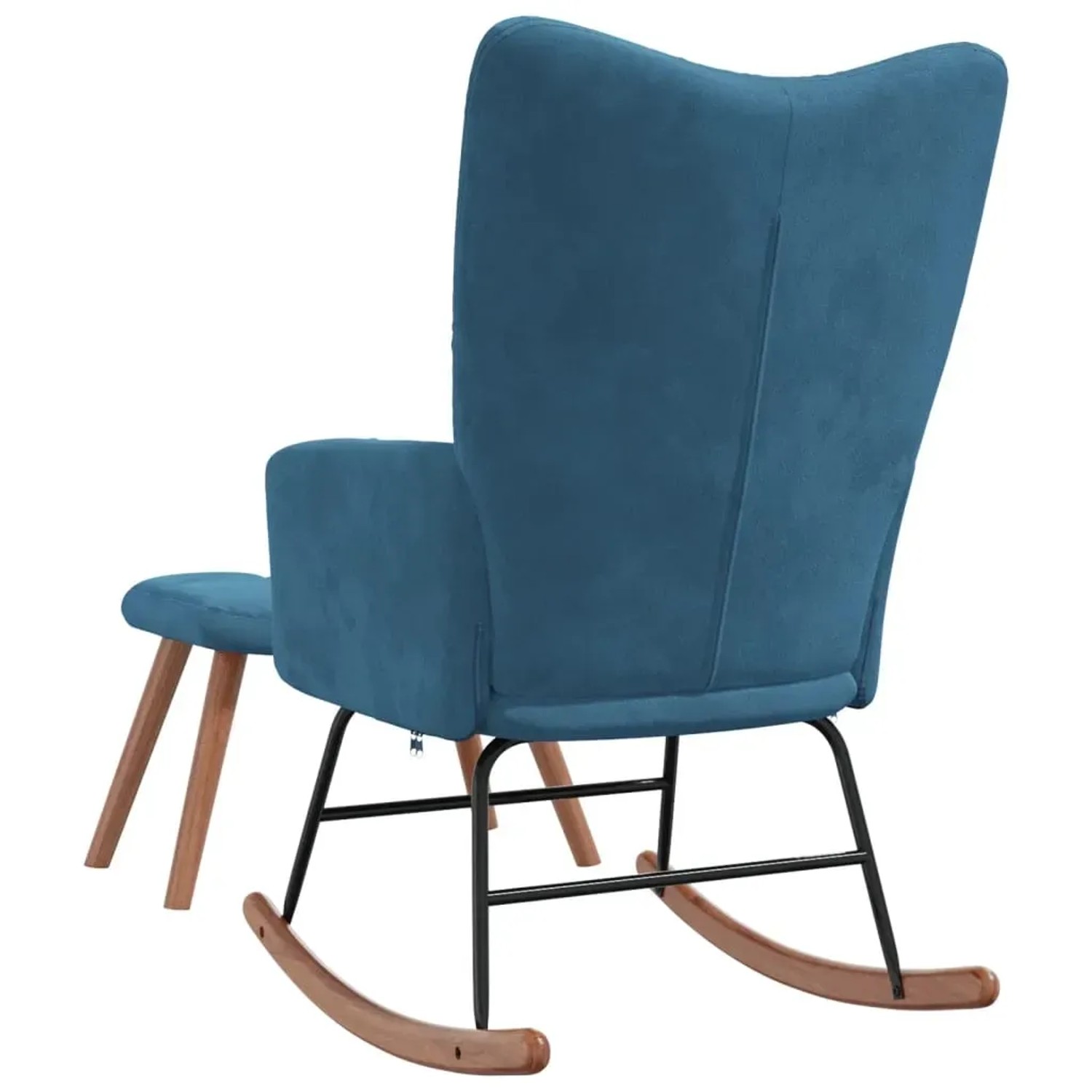 Blauer Samt Schaukelstuhl mit Hocker von vidaXL, Rückansicht. Gemütlicher Relaxsessel für Wohnzimmer.