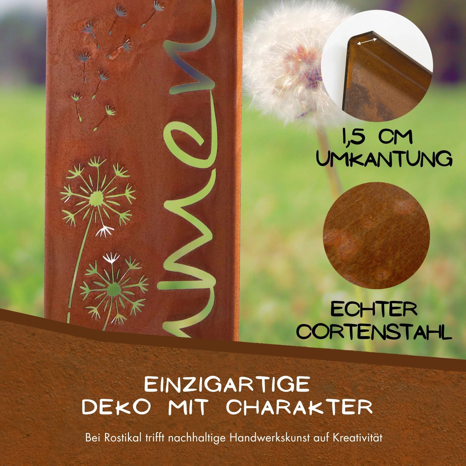 Rostbraune Cortenstahl Willkommen Stele mit Pusteblumen-Motiv. Zeigt 1,5 cm Umkantung und Edelrost-Patina. Ideal als Gartendeko.