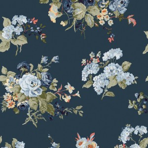 Laura Ashley Vliestapete Rosemore Midnight Seaspray mit floralem Rosenmuster.