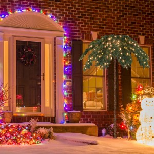 Beleuchtete künstliche Palme, 180 cm, als LED Weihnachtsbaum mit warmweißen Lichtern im Schnee vor einem Haus.