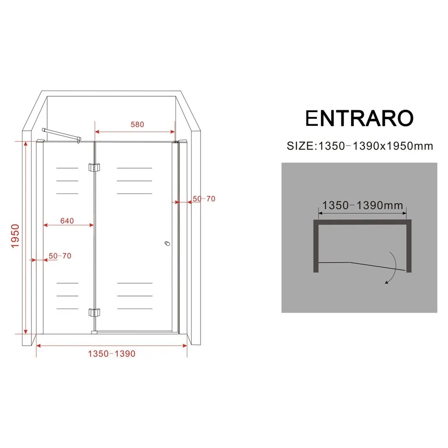 Technische Zeichnung der Glasdeals Nischentür ENTRARO 135x195 cm, Dusche mit Maßen.