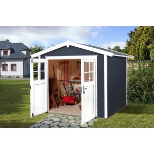 Anthrazitfarbenes weka Gartenhaus 224 mit geöffneter Doppeltür und Gartengeräten im Inneren.