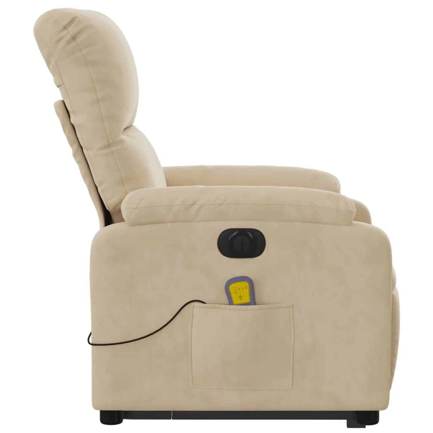 Elektrischer Massagesessel mit Aufstehhilfe in Creme aus Mikrofasergewebe, Seitenansicht.