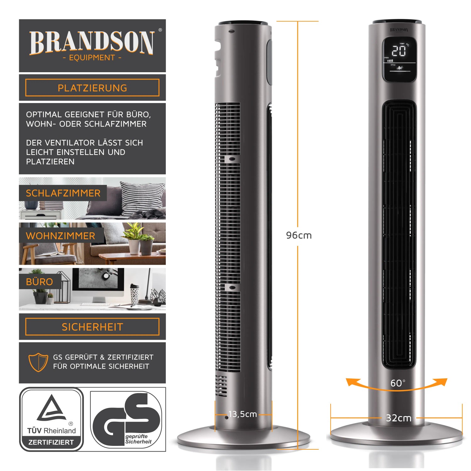 Brandson Turmventilator, 96cm, rauchgrau, mit Oszillation und 3 Stufen. Ideal für Büro und Wohnraum.