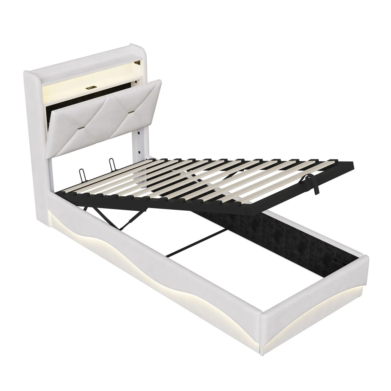 PXloue Polsterbett 90x200 mit Stauraum LED USB Einzelbett mit Regal Beige Samt