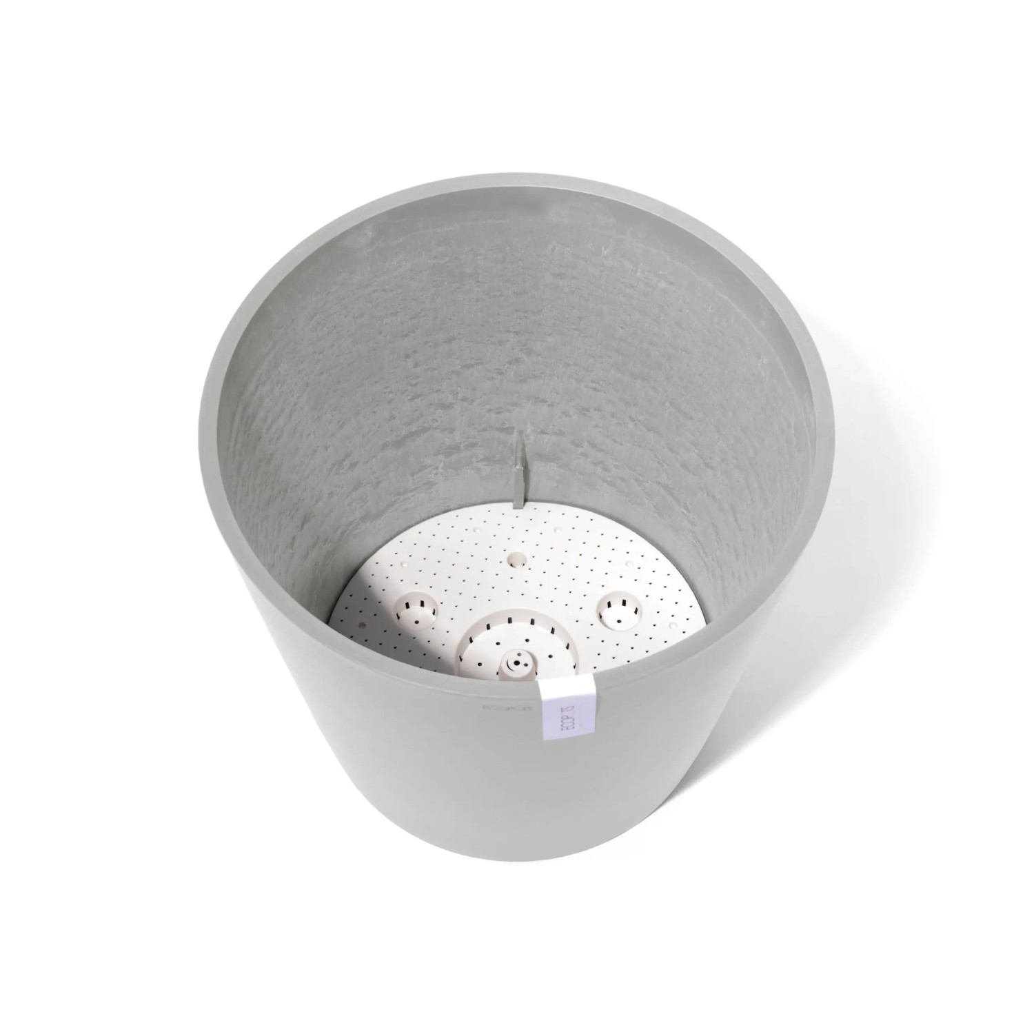 Ecopots Pflanztopf Amsterdam, weißgrau, 50 cm, Innenansicht mit Wasserreservoir.