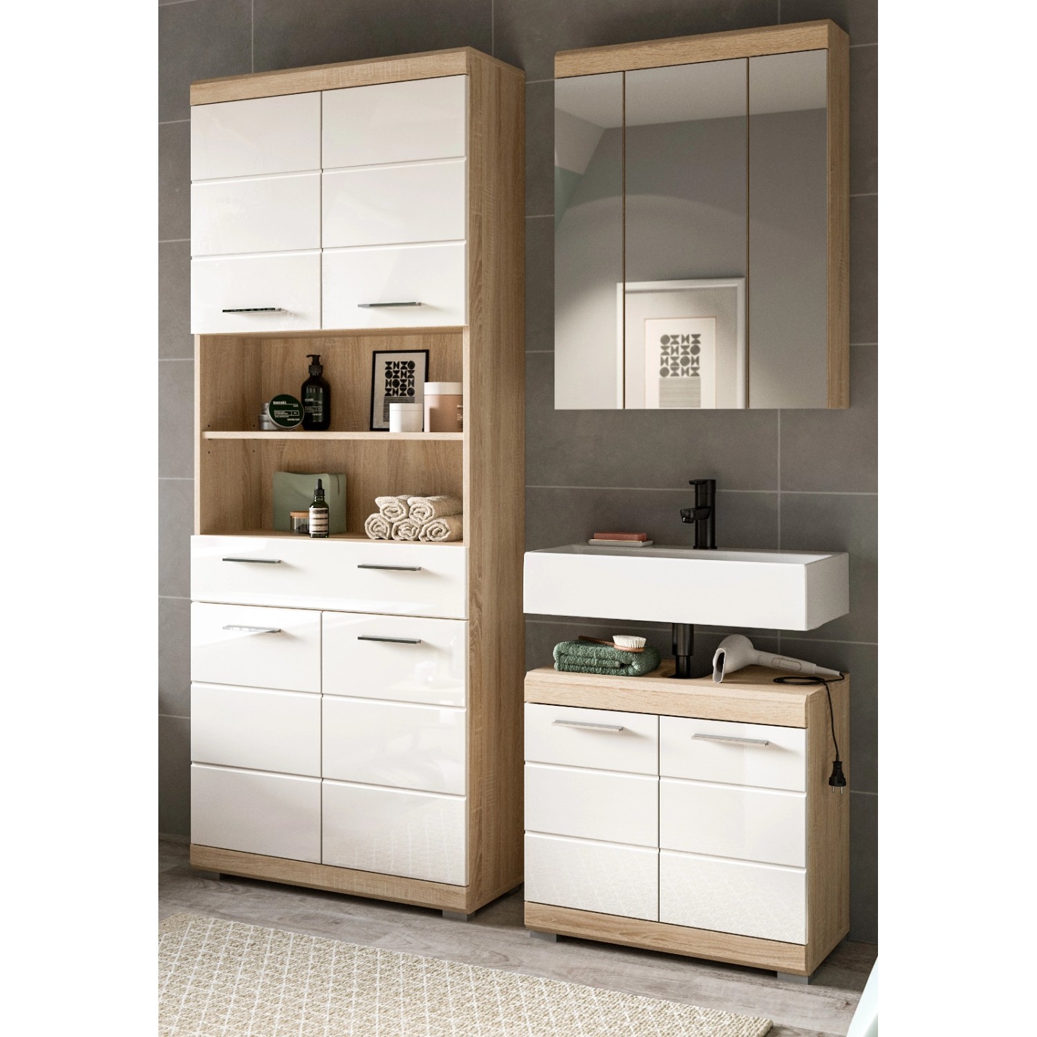 Inn.Furn Badmöbel Set in Weiß Hochglanz und Eiche 3-teilig 149 cm Mambo günstig online kaufen