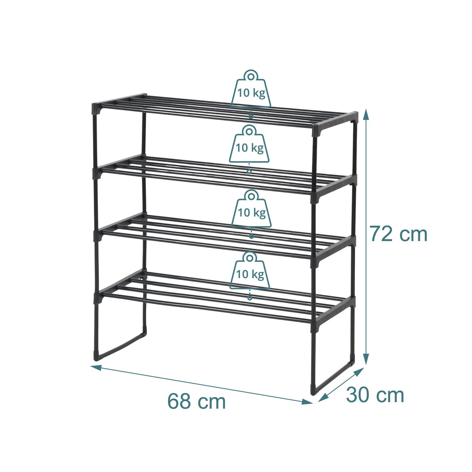 Schwarzes Metall Schuhregal, 4 Ebenen, stapelbar, Stecksystem. Maße: 72x68x30 cm. 10 kg Traglast pro Ablage.