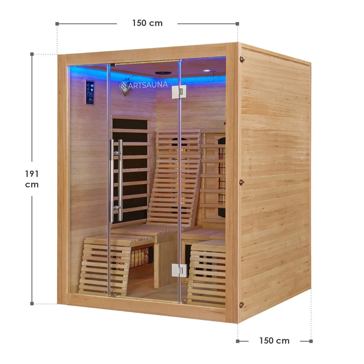 Artsauna Infrarotkabine Helsinki 150 aus Hemlockholz mit Liegen und LED-Beleuchtung, Maße 150x150x191 cm.