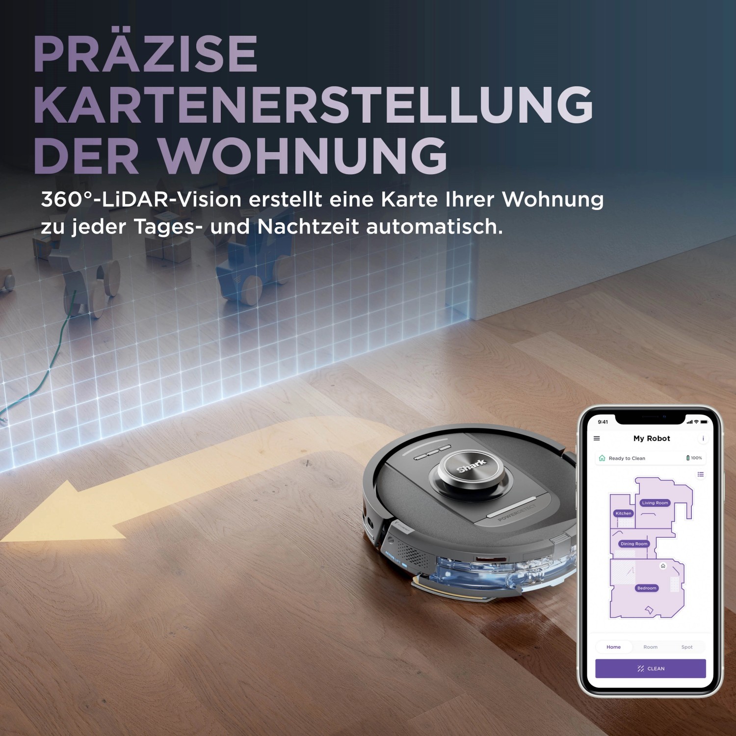 Shark Saug- und Wischroboter RV2800YEEU mit Kartenerstellung und App-Steuerung auf Holzboden.
