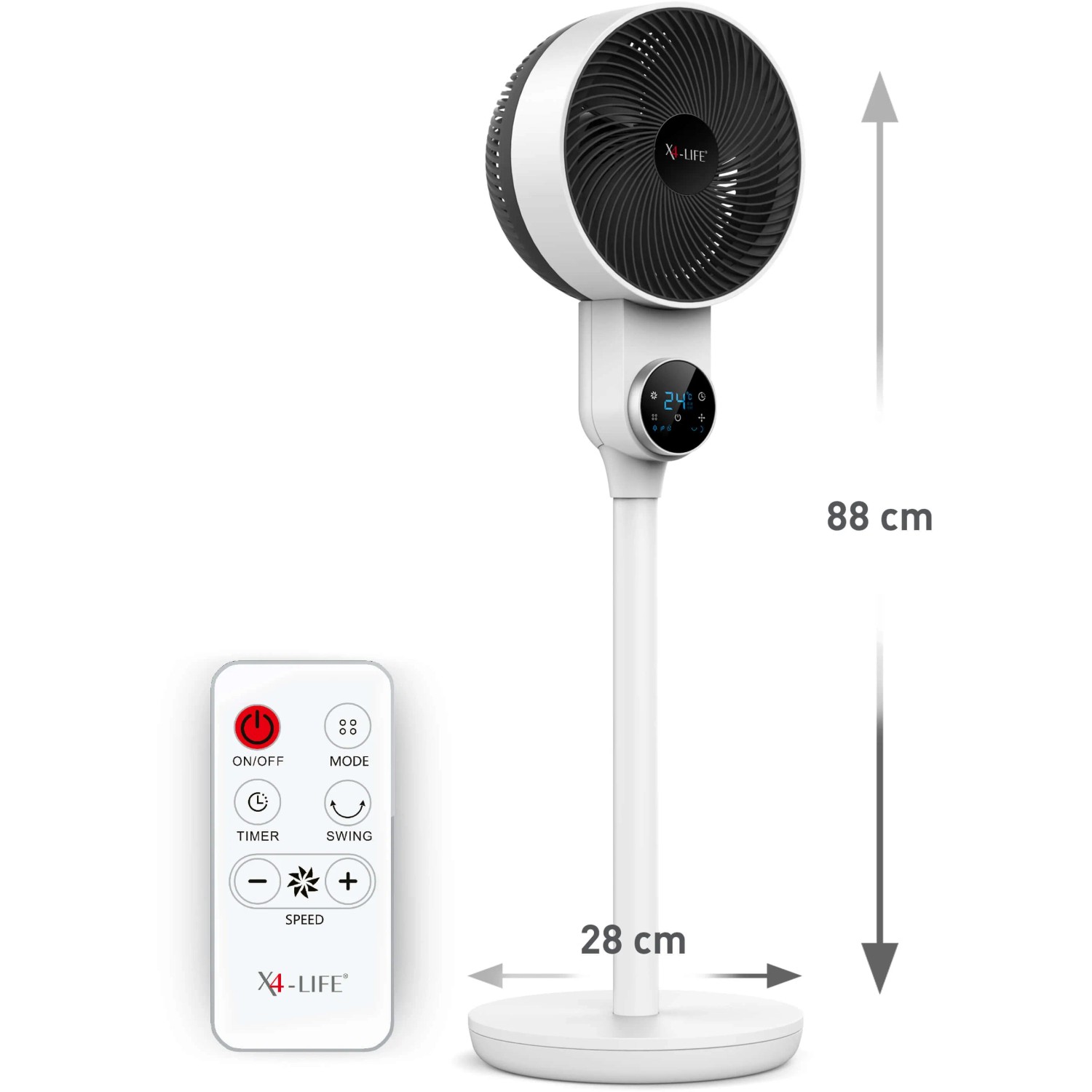 Weißer Vornado Standventilator X4-Life Pinguin DX mit Fernbedienung und digitalem Display.