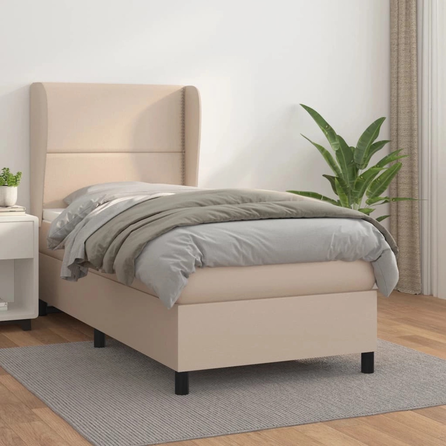 Boxspringbett in Cappuccino-Braun (90x190cm) mit Kunstleder-Bezug und Matratze.