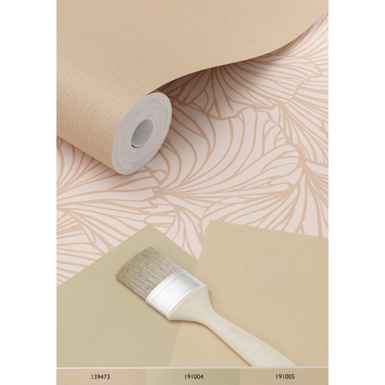 ESTAhome Vliestapete Ginkgoblätter terrakottarosa, Rolle, mit Pinsel und Farbmustern.