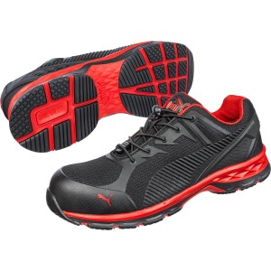 Puma Safety Fuse Motion 2.0 S1P Sicherheitshalbschuh, schwarz-rot, mit Fiberglaskappe und Schnellschnürsystem.