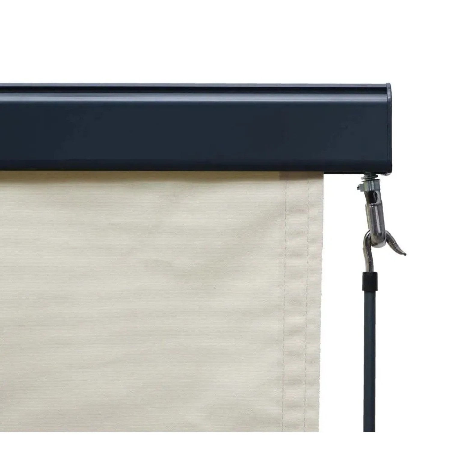 Creme-beige MCW Vertikalmarkise F42, Detail der dunklen Kassette und des Stoffes für Sonnenschutz.