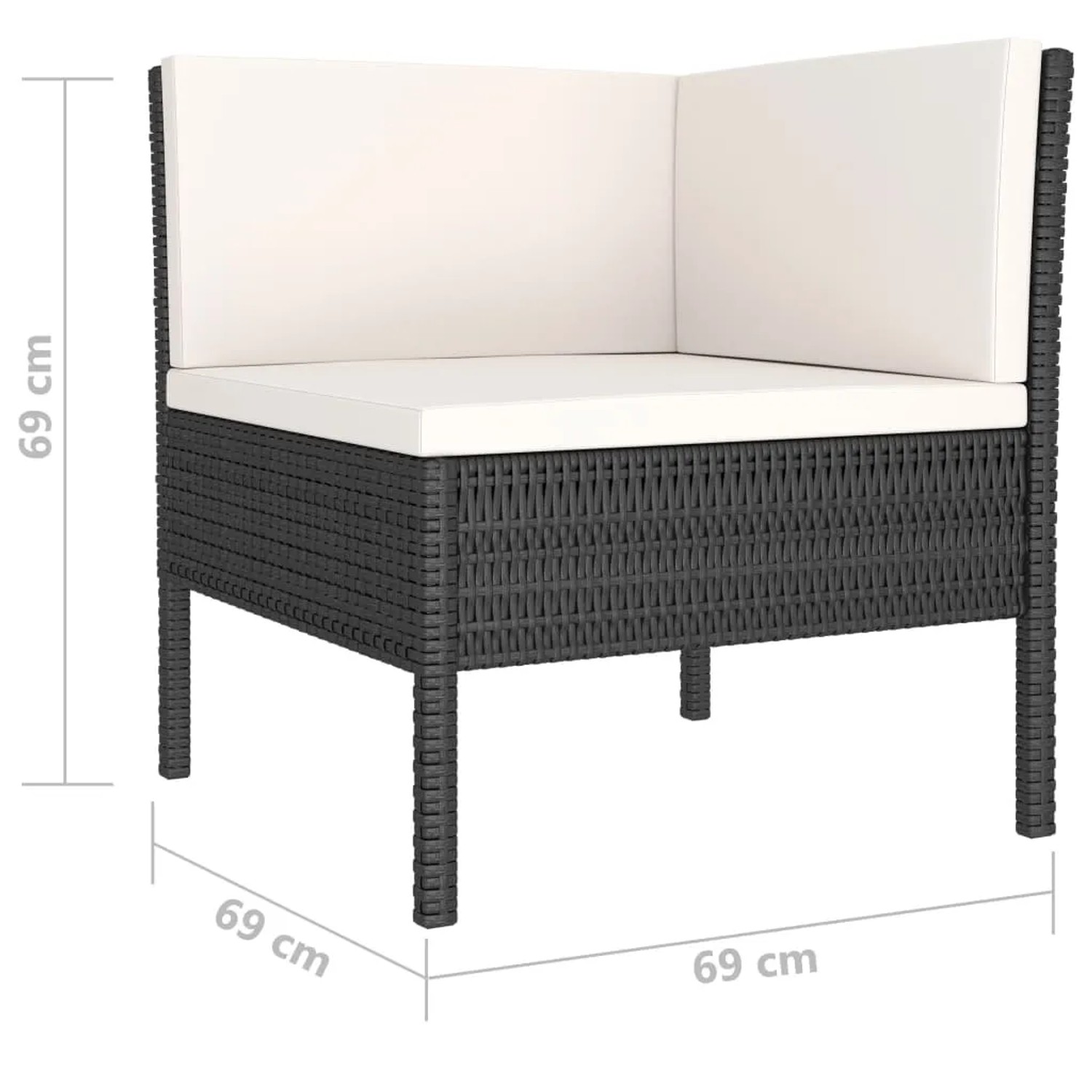 Schwarzes vidaXL Garten Lounge Eckelement aus Rattan mit cremefarbenen Auflagen.