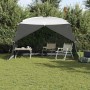 vidaXL Pavillon-Zelt grau-weiß mit Moskitonetz im Garten, mit Tisch und Stühlen für Outdoor-Entspannung.