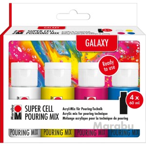 Marabu Super Cell Pouring Mix Galaxy, 4 Farben (Titanweiß, Gelb, Pink, Mittelblau) für Pouring-Techniken.