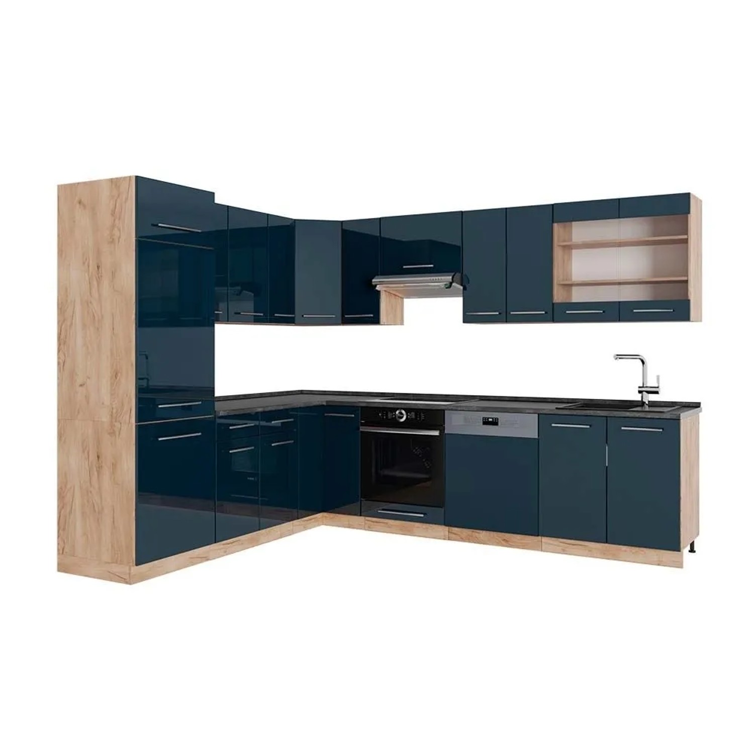 Vicco Eckküche Fame-Line Dunkelblau Hochglanz/Goldkraft Eiche 287 x 82, AP Anthrazit