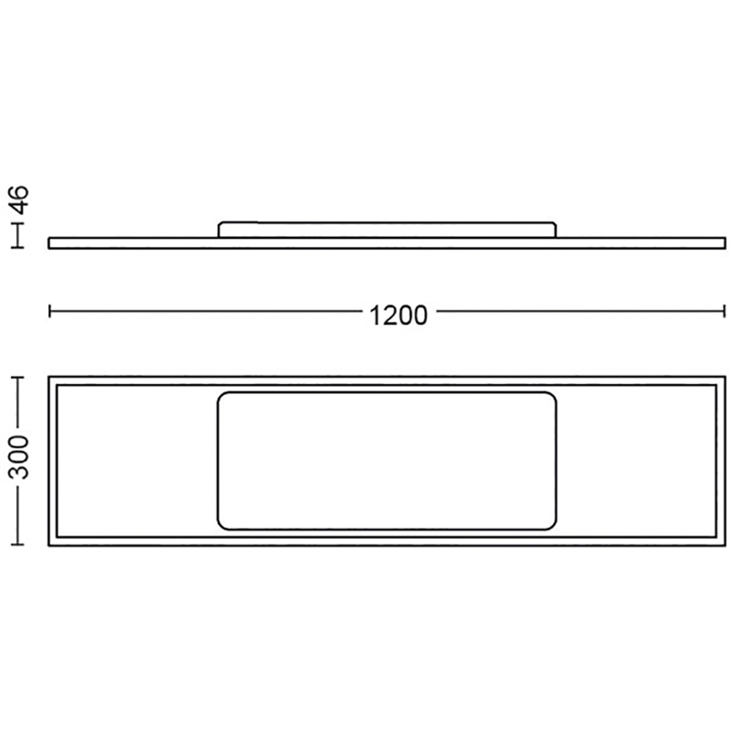 Technische Zeichnung der rechteckigen Philips Hue Aurelle LED Deckenleuchte, 120x30 cm, mit Maßangaben.