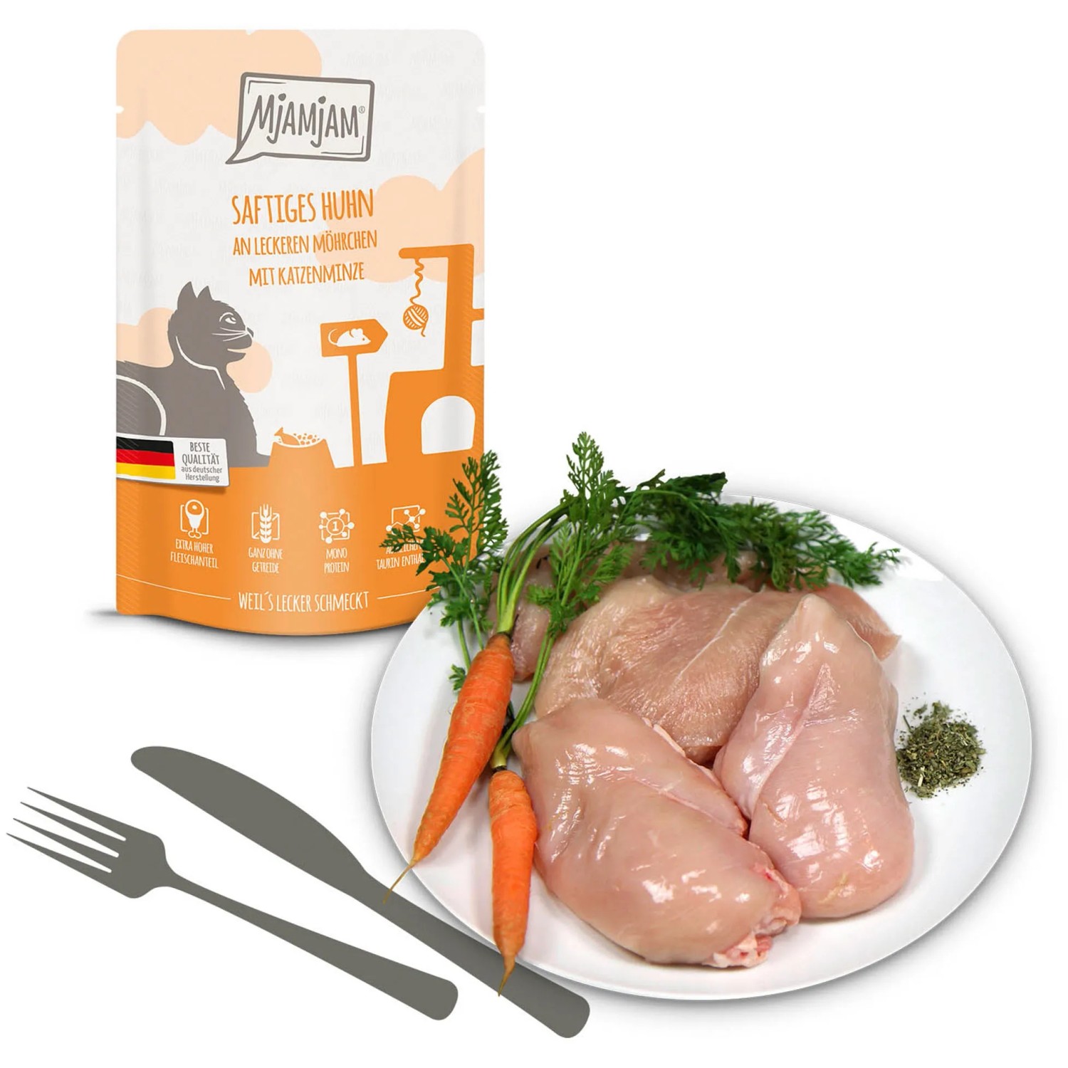 Mjamjam Katzen-Nassfutter Quetschie Huhn mit Möhrchen und Katzenminze, mit frischen Zutaten.
