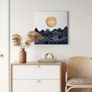 Modernes Wandbild mit Meer, Sonne und goldenem Akzent für Wohnzimmer und Schlafzimmer.