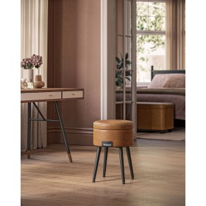 Vasagle Sitzhocker Karamellbraun mit Stauraum und schwarzen Beinen.