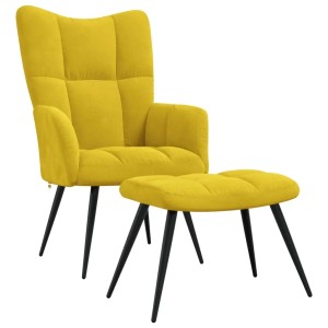 Senfgelber Relaxsessel mit Hocker aus Samt, gesteppt, mit schwarzen Beinen.