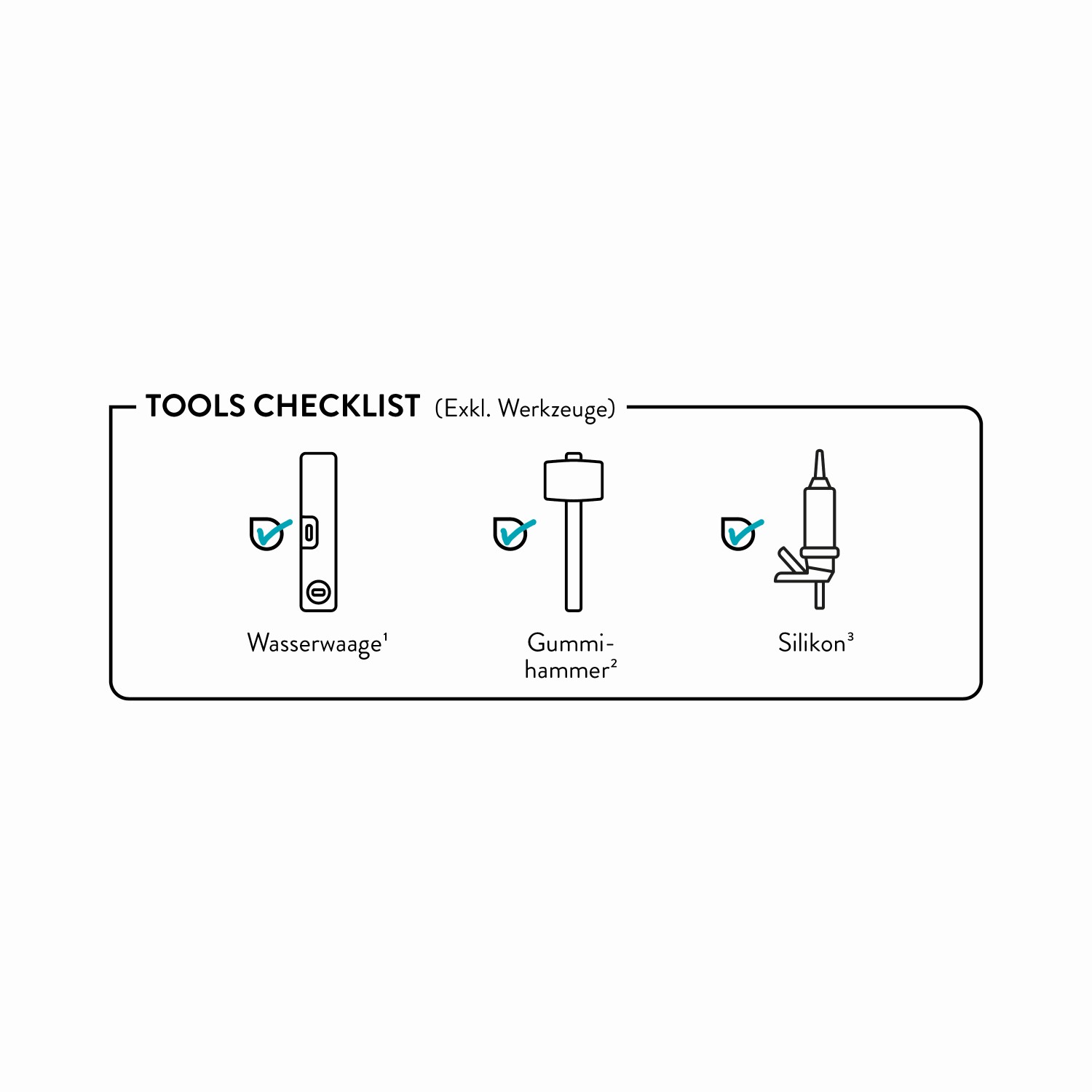 Checkliste Werkzeuge für Duschwannen-Installation: Wasserwaage, Gummihammer, Silikon.