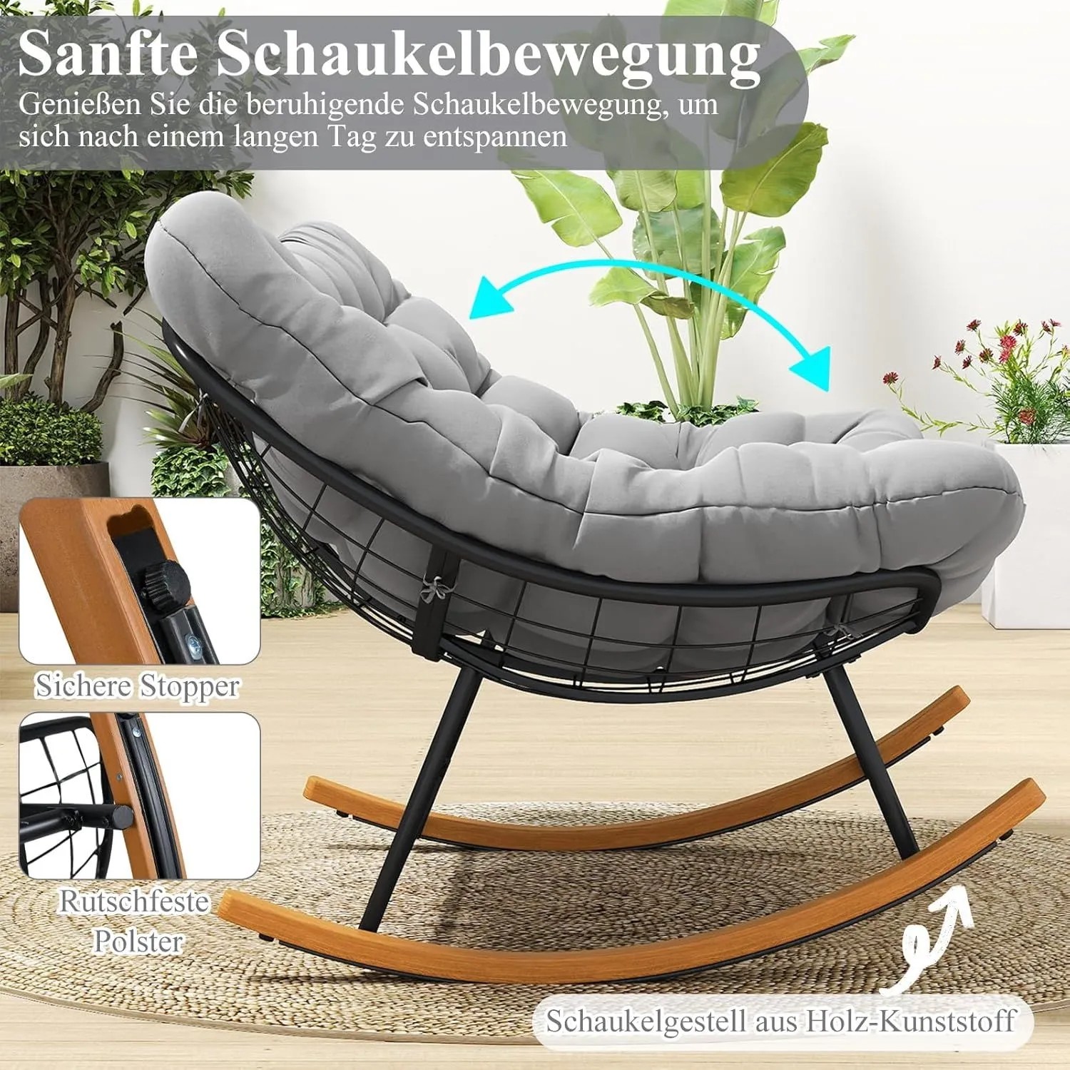 Costway Schaukelstuhl für 2 Personen mit grauem Kissen und Holz-Kunststoff-Gestell.