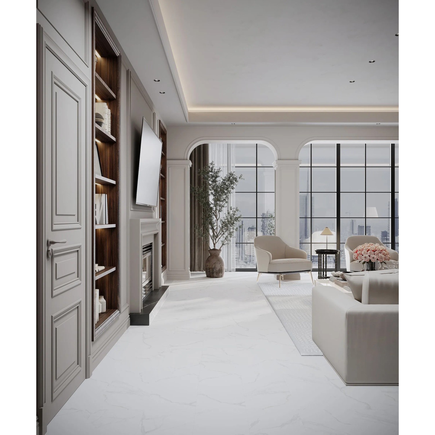 Heller Wohnraum mit United Tile Bodenfliese Marmore Carrara Feinsteinzeug in Marmoroptik.