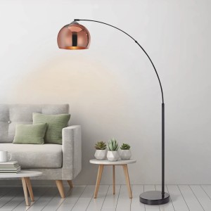 Elegante Bogenlampe in Roségold, Schwarz und Kupfer Design. Moderner Deckenfluter für Wohnräume.