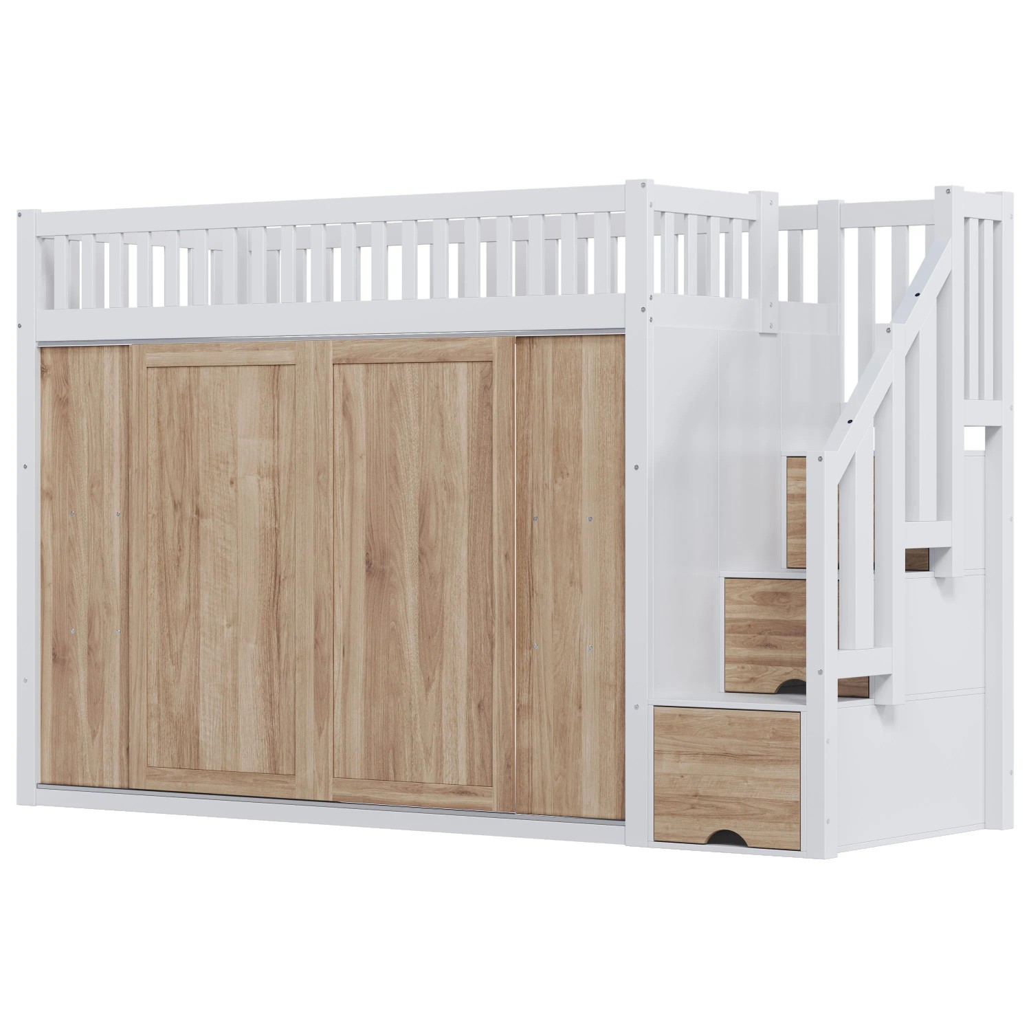 okwish Kinder Hochbett 90x200cm mit Kleiderschrank LED Weiß Eiche ohne Matratze