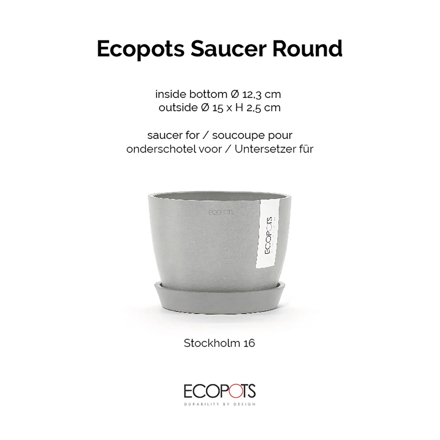 Ecopots Untersetzer Amsterdam, weißgrau, 15 cm. Schützt Oberflächen vor Wasser und Schmutz.