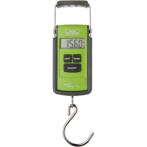 Digitale Handwaage von Burg Wächter, grün mit Haken und Displayanzeige.