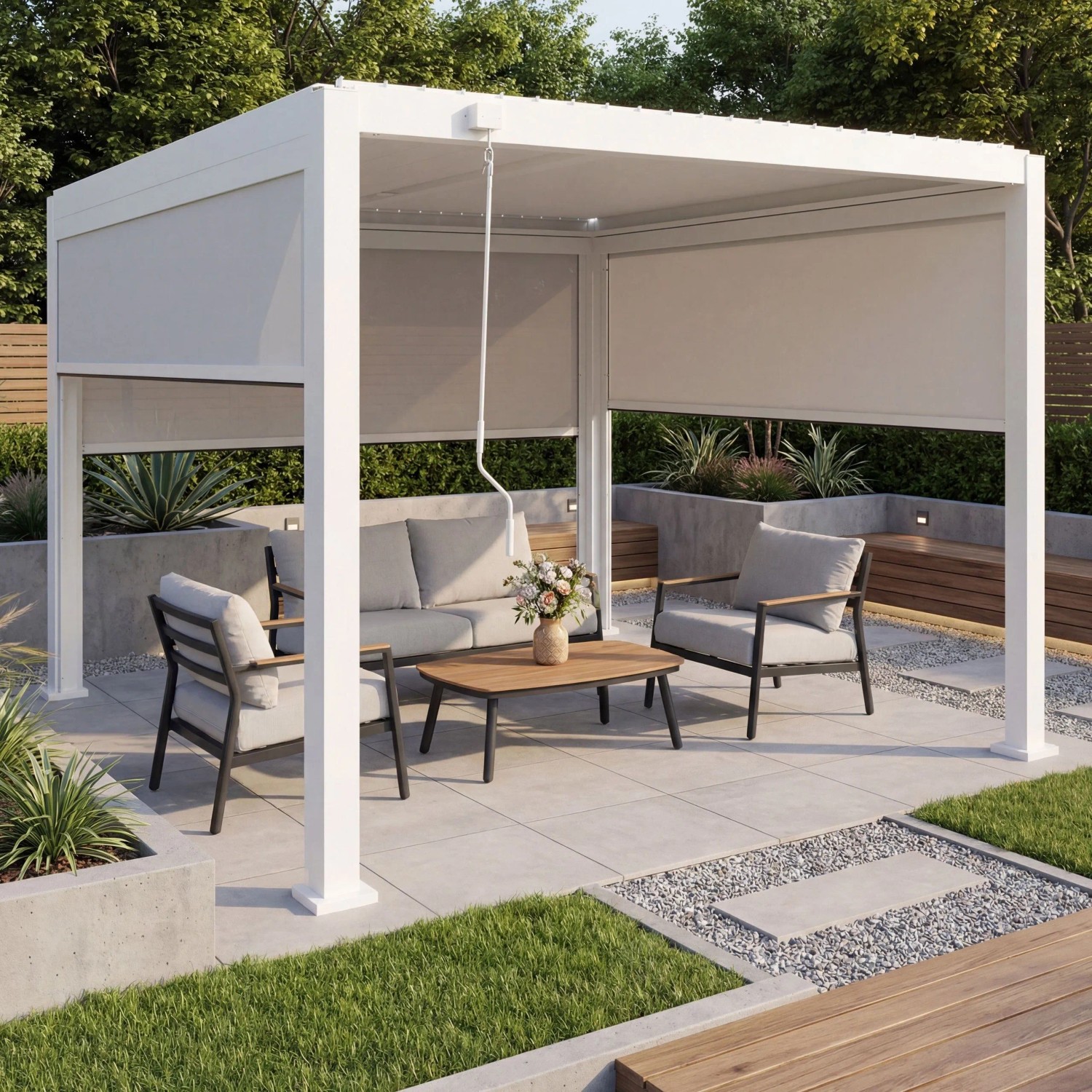 MCW Pergola P65 mit 3x Seitenwand Lamellenpavillon 10cm-Alu-Gestell 3x3m Weiß