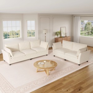 Beiges Merax Sofa Set 3+2 modular aus Chenille im Wohnzimmer. Flexibles Sofaset für Komfort und Stil.