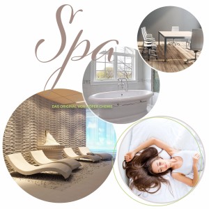 Collage mit Spa-Motiven und dem Schriftzug Spa, passend zum Höfer Chemie Duftöl-Set.