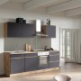 Moderne Küchenzeile Turin 240 cm in Graphit- und Wotaneiche-Optik mit E-Geräten.